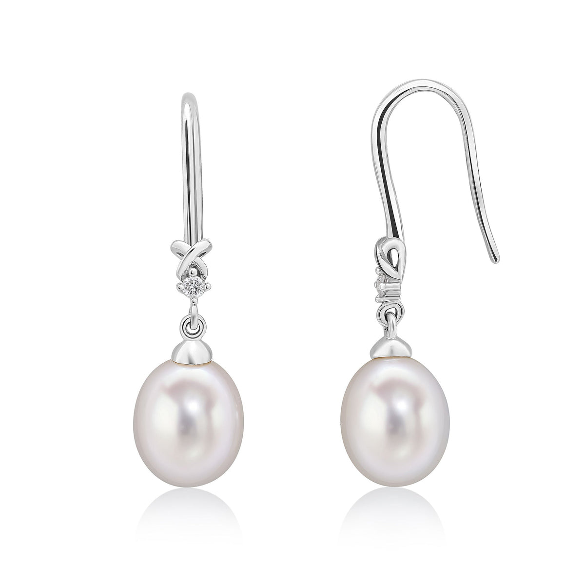 9ct White Gold Freshwater Cultured Pearl and Natural Diamond Wire Hook Drop Earrings