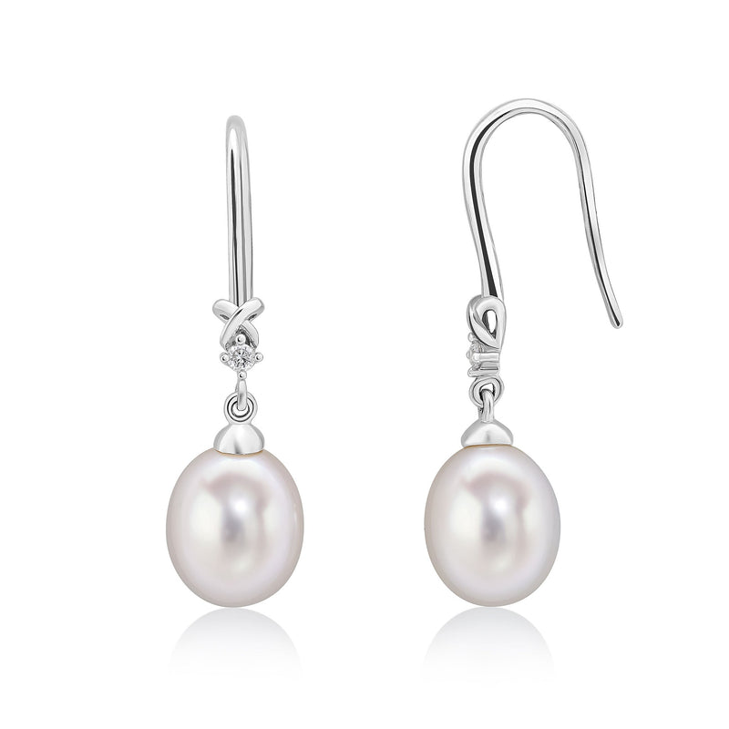 9ct White Gold Freshwater Cultured Pearl and Natural Diamond Wire Hook Drop Earrings