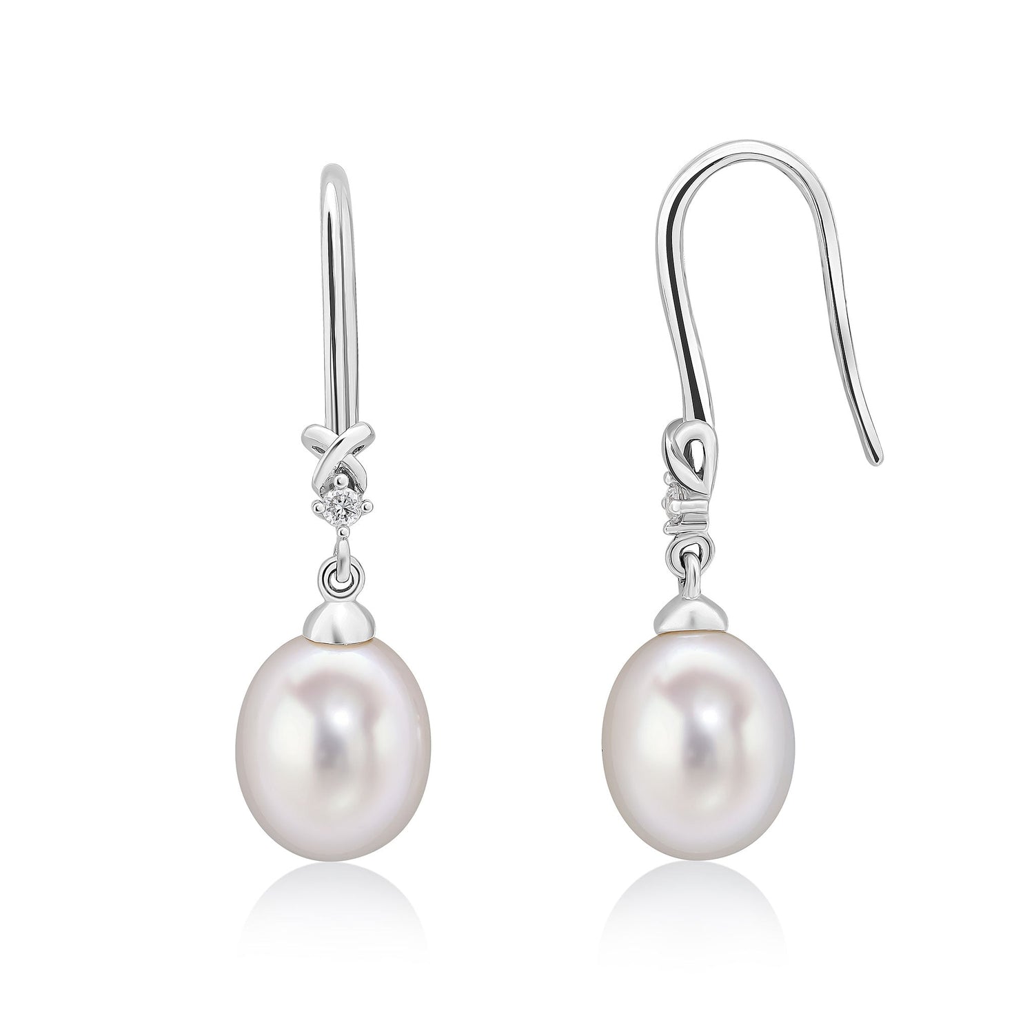 9ct Yellow Gold Natural Freshwater Cultured Pearl and Diamond Wire Hook Drop Earrings