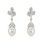 9ct Yellow Gold Cultured Freshwater Pearl & Natural Diamond Floral Drop Earrings