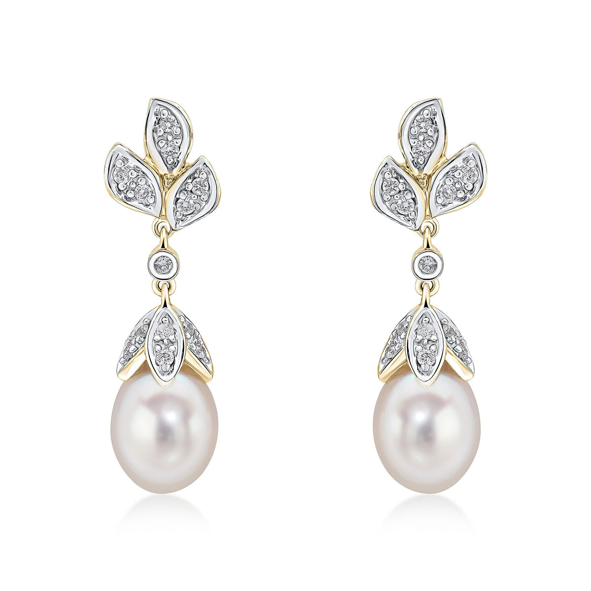 9ct Yellow Gold Cultured Freshwater Pearl & Natural Diamond Floral Drop Earrings