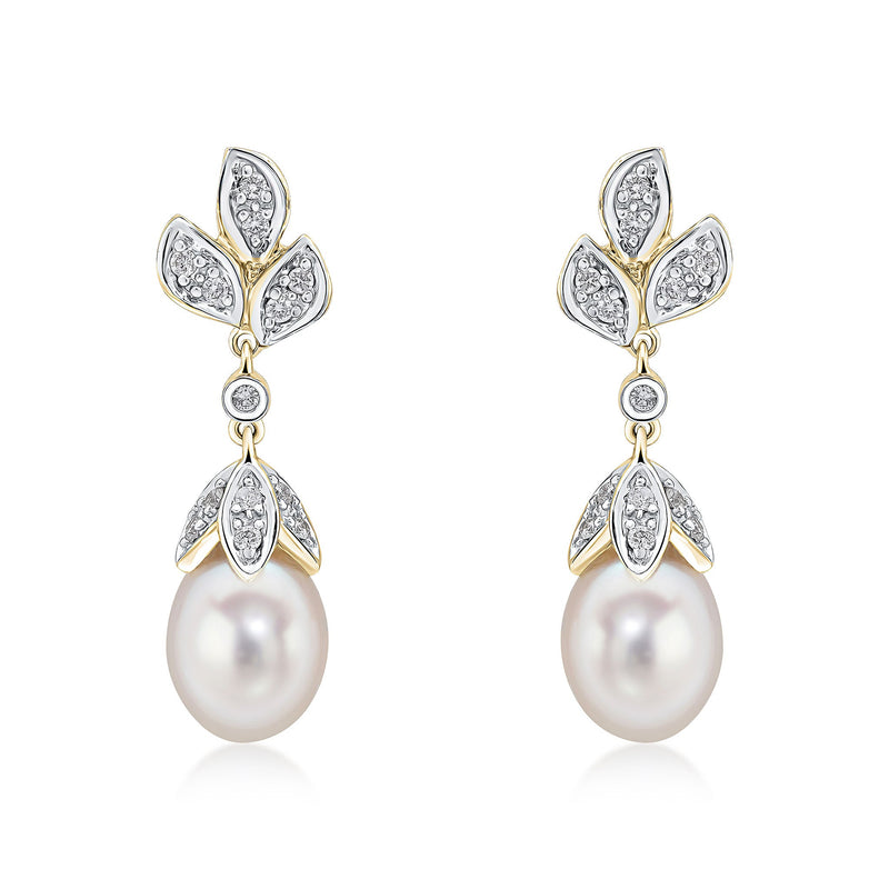 9ct Yellow Gold Cultured Freshwater Pearl & Natural Diamond Floral Drop Earrings