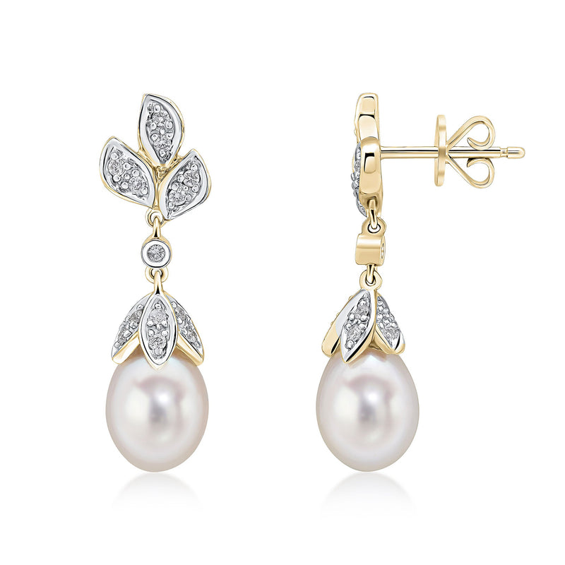 9ct Yellow Gold Cultured Freshwater Pearl & Natural Diamond Floral Drop Earrings