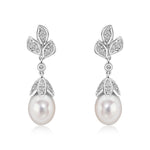 9ct White Gold Cultured Freshwater Pearl & Natural Diamond Floral Drop Earrings