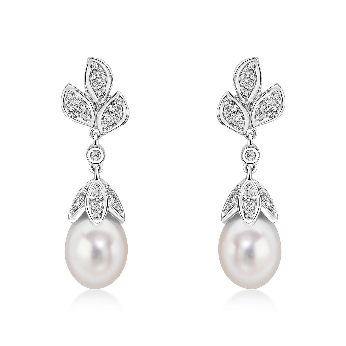 9ct White Gold Cultured Freshwater Pearl & Natural Diamond Floral Drop Earrings
