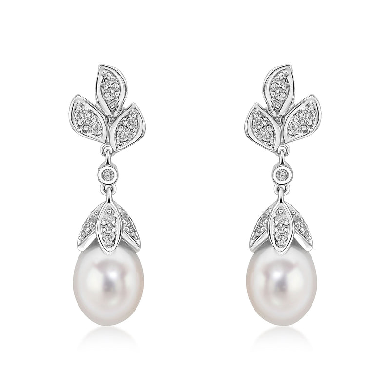 9ct White Gold Cultured Freshwater Pearl & Natural Diamond Floral Drop Earrings