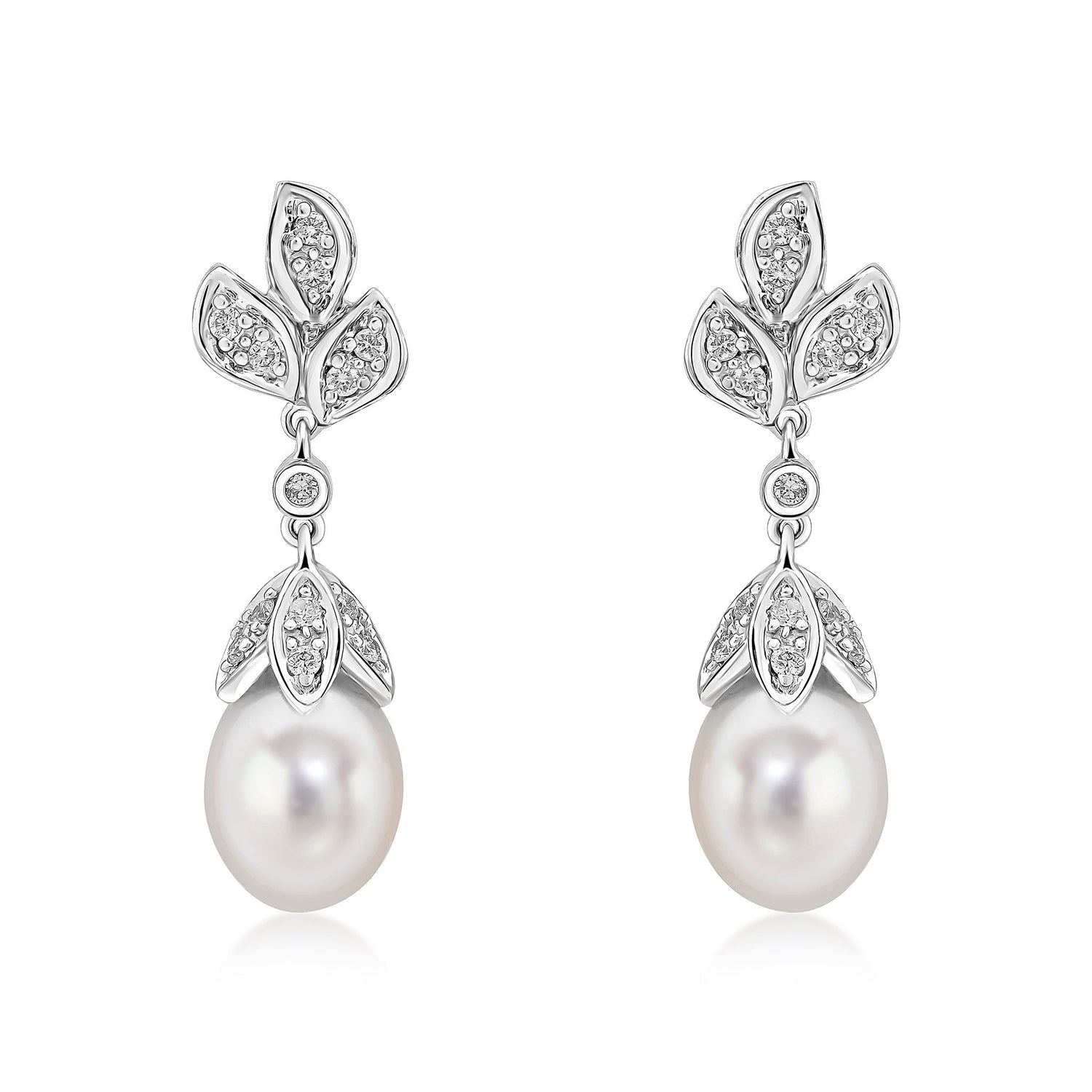 9ct White Gold Cultured Natural Freshwater Pearl and Diamond Floral Drop Earrings -- 27mm