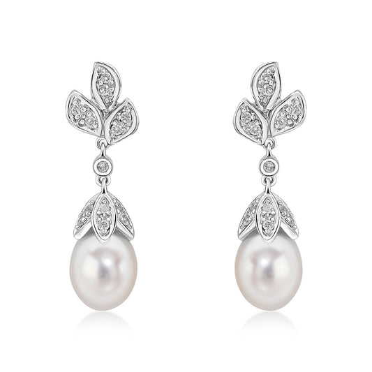 9ct White Gold Cultured Natural Freshwater Pearl and Diamond Floral Drop Earrings -- 27mm
