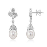 9ct White Gold Cultured Freshwater Pearl & Natural Diamond Floral Drop Earrings