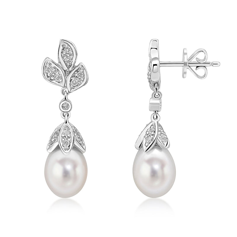 9ct White Gold Cultured Freshwater Pearl & Natural Diamond Floral Drop Earrings