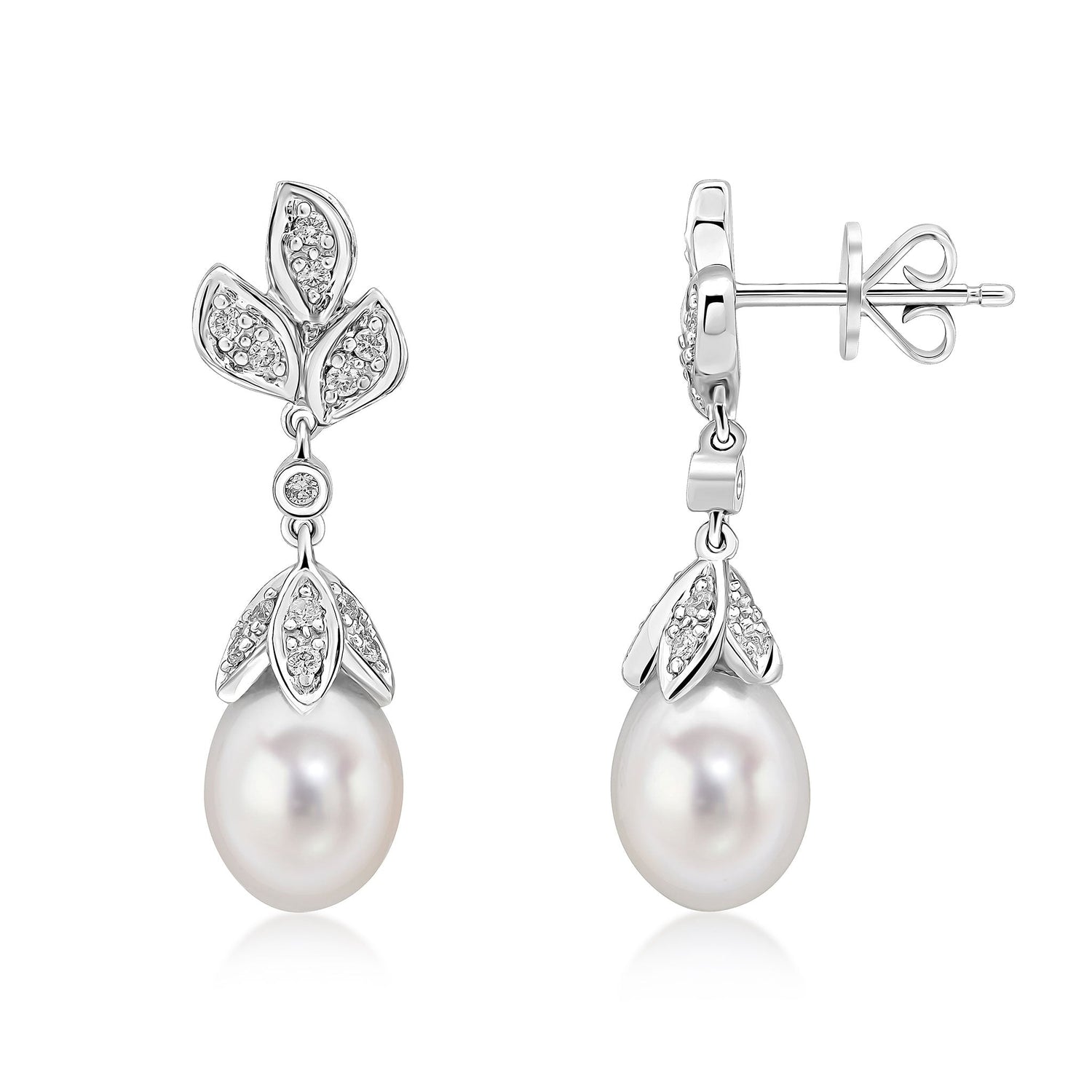 9ct White Gold Cultured Natural Freshwater Pearl and Diamond Floral Drop Earrings -- 27mm