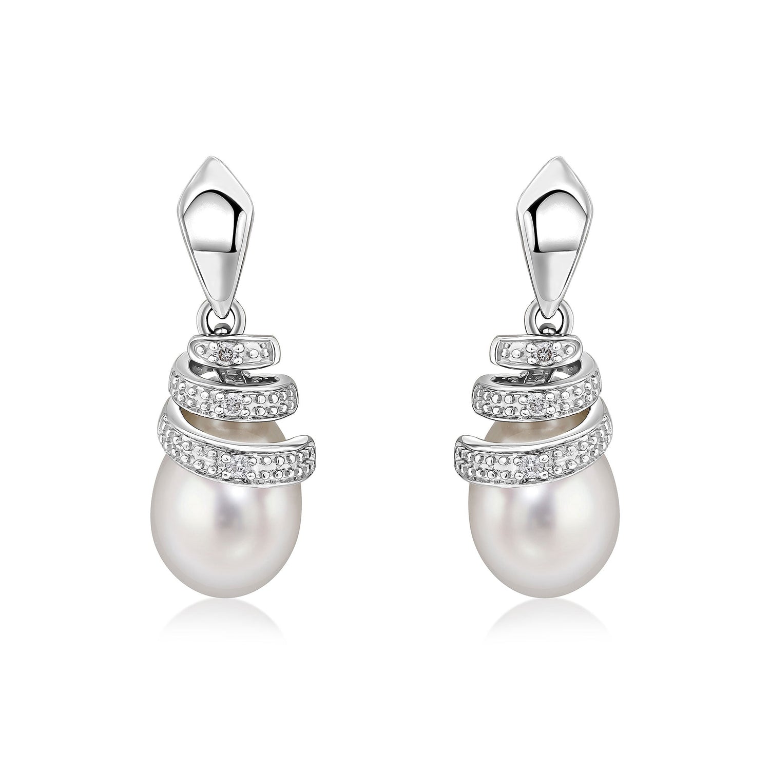 9ct White Gold Grain Set Natural Diamond Spiral Top and Freshwater Cultured Pearl Drop Earrings