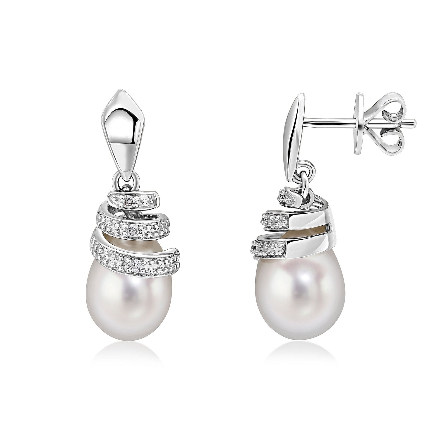 9ct White Gold Grain Set Natural Diamond Spiral Top and Freshwater Cultured Pearl Drop Earrings