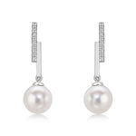 9ct White Gold Natural Diamond Line Bar & Round Cultured Freshwater Pearl Drop Earrings