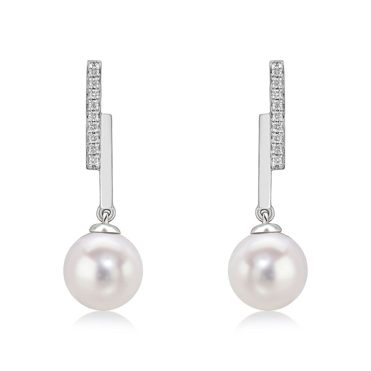 9ct White Gold Natural Diamond Line Bar & Round Cultured Freshwater Pearl Drop Earrings