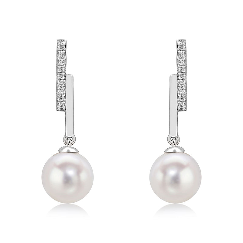 9ct White Gold Natural Diamond Line Bar & Round Cultured Freshwater Pearl Drop Earrings