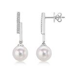 9ct White Gold Natural Diamond Line Bar & Round Cultured Freshwater Pearl Drop Earrings