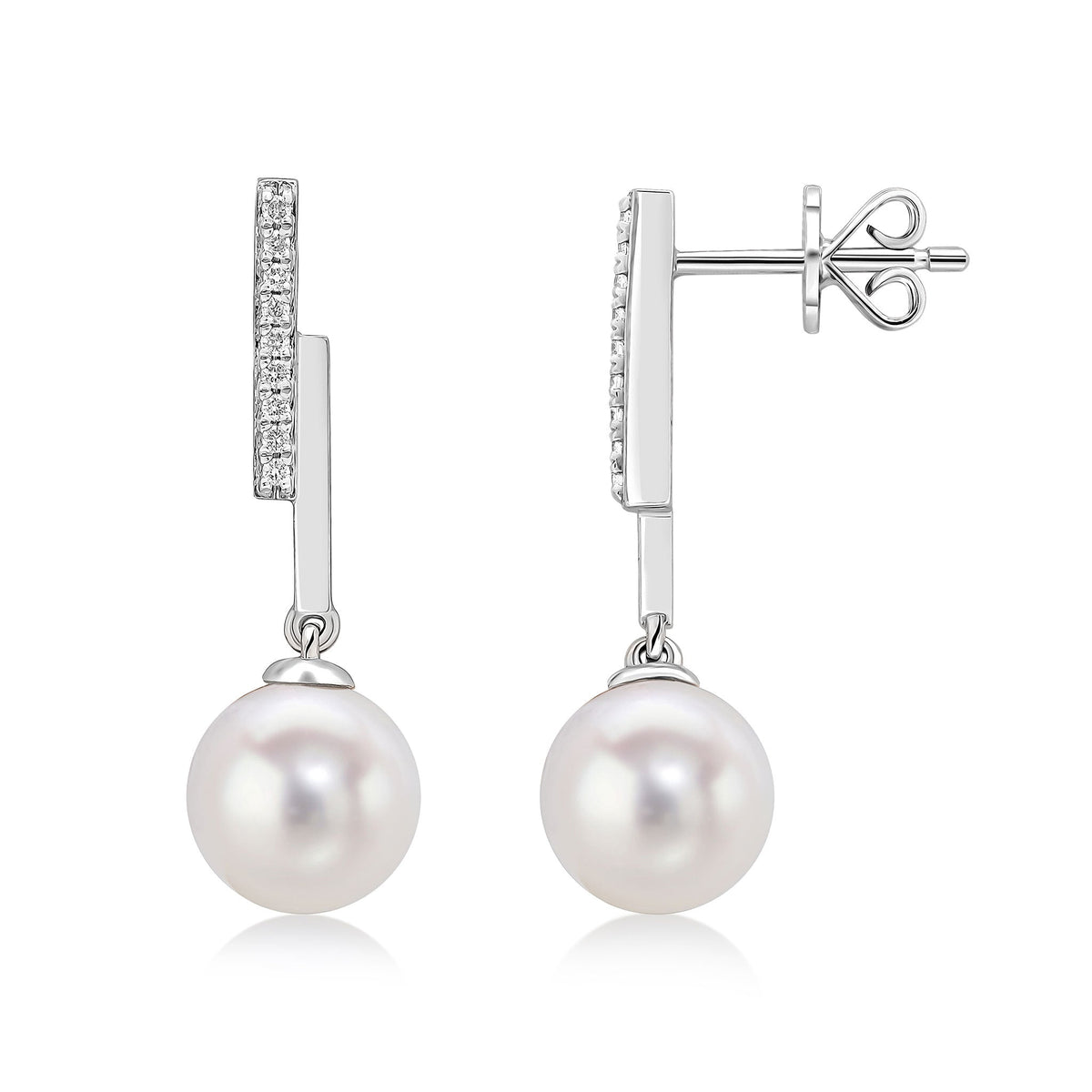 9ct White Gold Natural Diamond Line Bar & Round Cultured Freshwater Pearl Drop Earrings