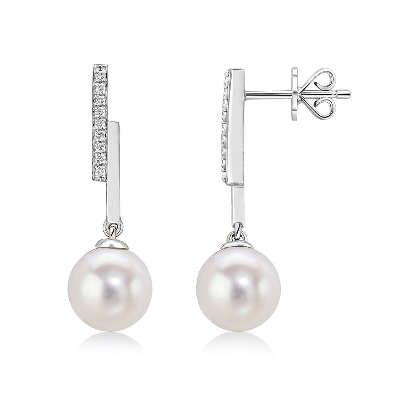 9ct White Gold Natural Diamond Line Bar & Round Cultured Freshwater Pearl Drop Earrings