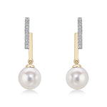9ct Yellow Gold Natural Diamond Line Bar & Round Cultured Freshwater Pearl Drop Earrings