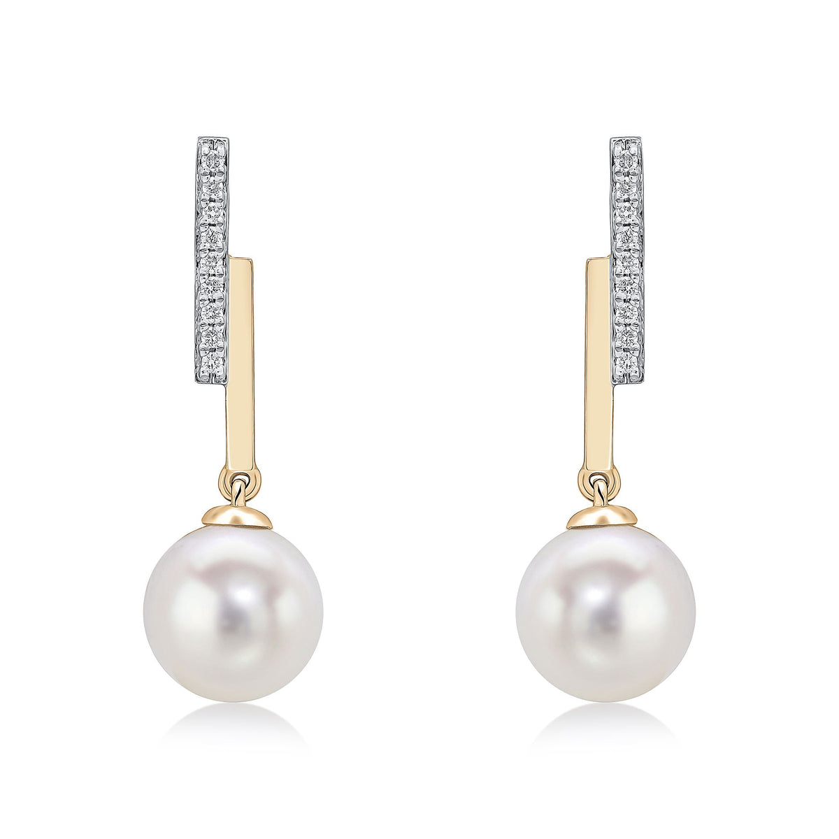 9ct Yellow Gold Natural Diamond Line Bar & Round Cultured Freshwater Pearl Drop Earrings