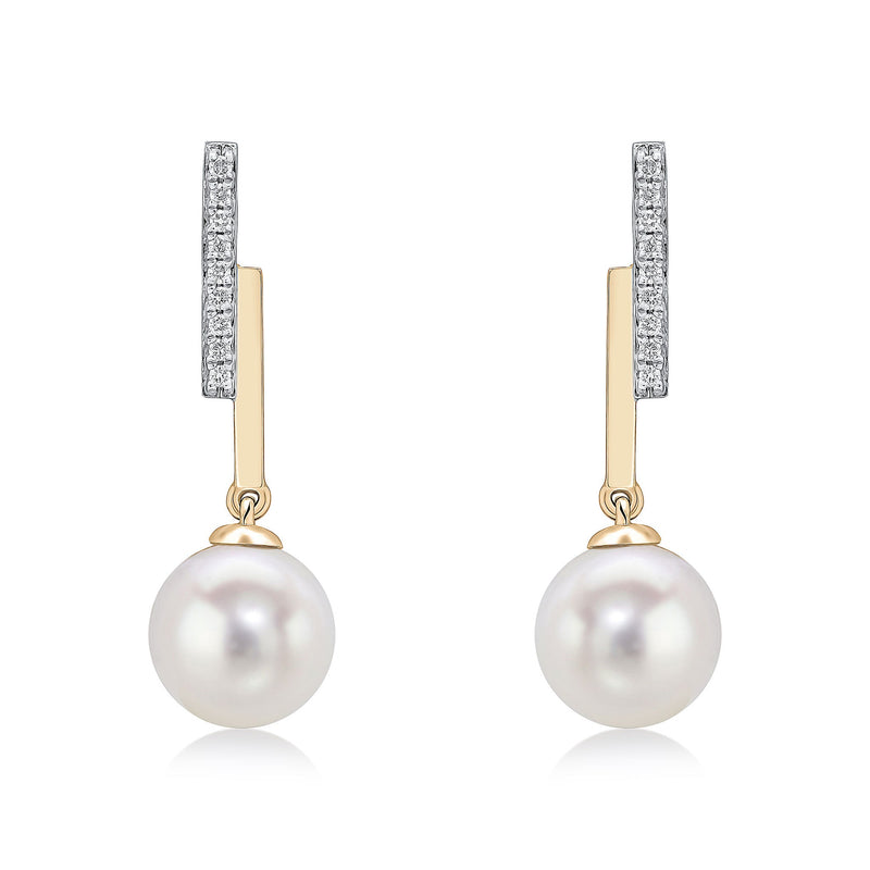9ct Yellow Gold Natural Diamond Line Bar & Round Cultured Freshwater Pearl Drop Earrings
