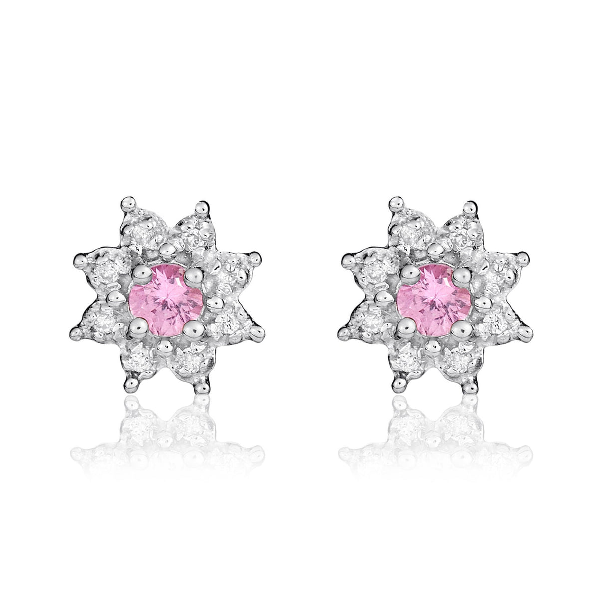 9ct White Gold Round Natural Pink Sapphire & Diamond Claw Set Cluster Stud Earrings — 3mm