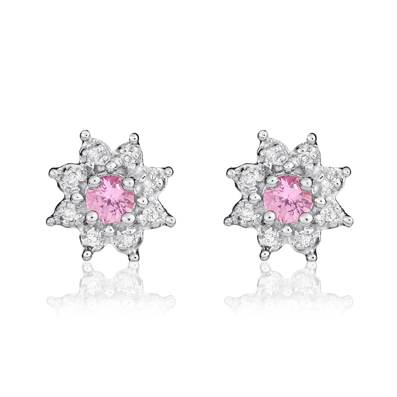 9ct White Gold Round Natural Pink Sapphire & Diamond Claw Set Cluster Stud Earrings — 3mm