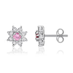 9ct White Gold Round Natural Pink Sapphire & Diamond Claw Set Cluster Stud Earrings — 3mm