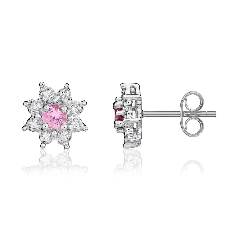 9ct White Gold Round Natural Pink Sapphire & Diamond Claw Set Cluster Stud Earrings — 3mm