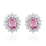 9ct White Gold Oval Natural Pink Sapphire & Diamond Claw Set Cluster Stud Earrings — 6x4mm