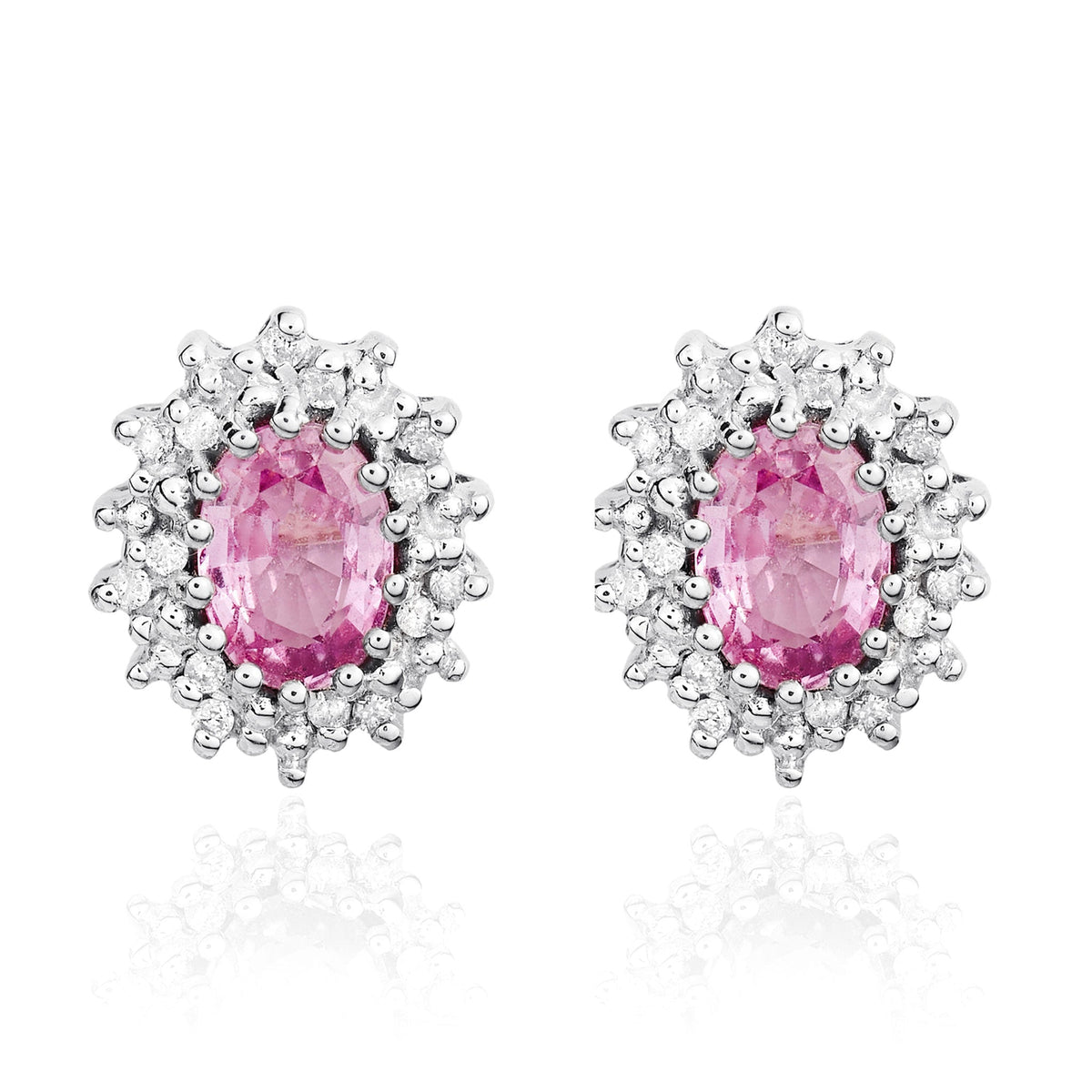 9ct White Gold Oval Natural Pink Sapphire & Diamond Claw Set Cluster Stud Earrings — 6x4mm