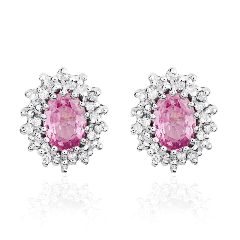 9ct White Gold Oval Natural Pink Sapphire & Diamond Claw Set Cluster Stud Earrings — 6x4mm
