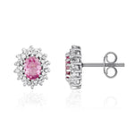 9ct White Gold Oval Natural Pink Sapphire & Diamond Claw Set Cluster Stud Earrings — 6x4mm