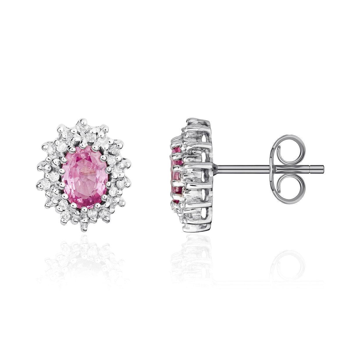 9ct White Gold Oval Natural Pink Sapphire & Diamond Claw Set Cluster Stud Earrings — 6x4mm