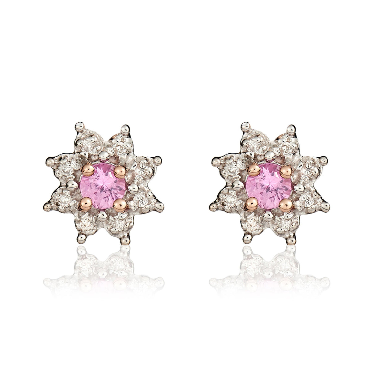 9ct Rose Gold Round Natural Pink Sapphire & Diamond Claw Set Cluster Stud Earrings — 3mm