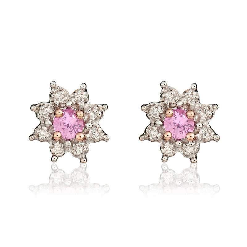 9ct Rose Gold Round Natural Pink Sapphire & Diamond Claw Set Cluster Stud Earrings — 3mm