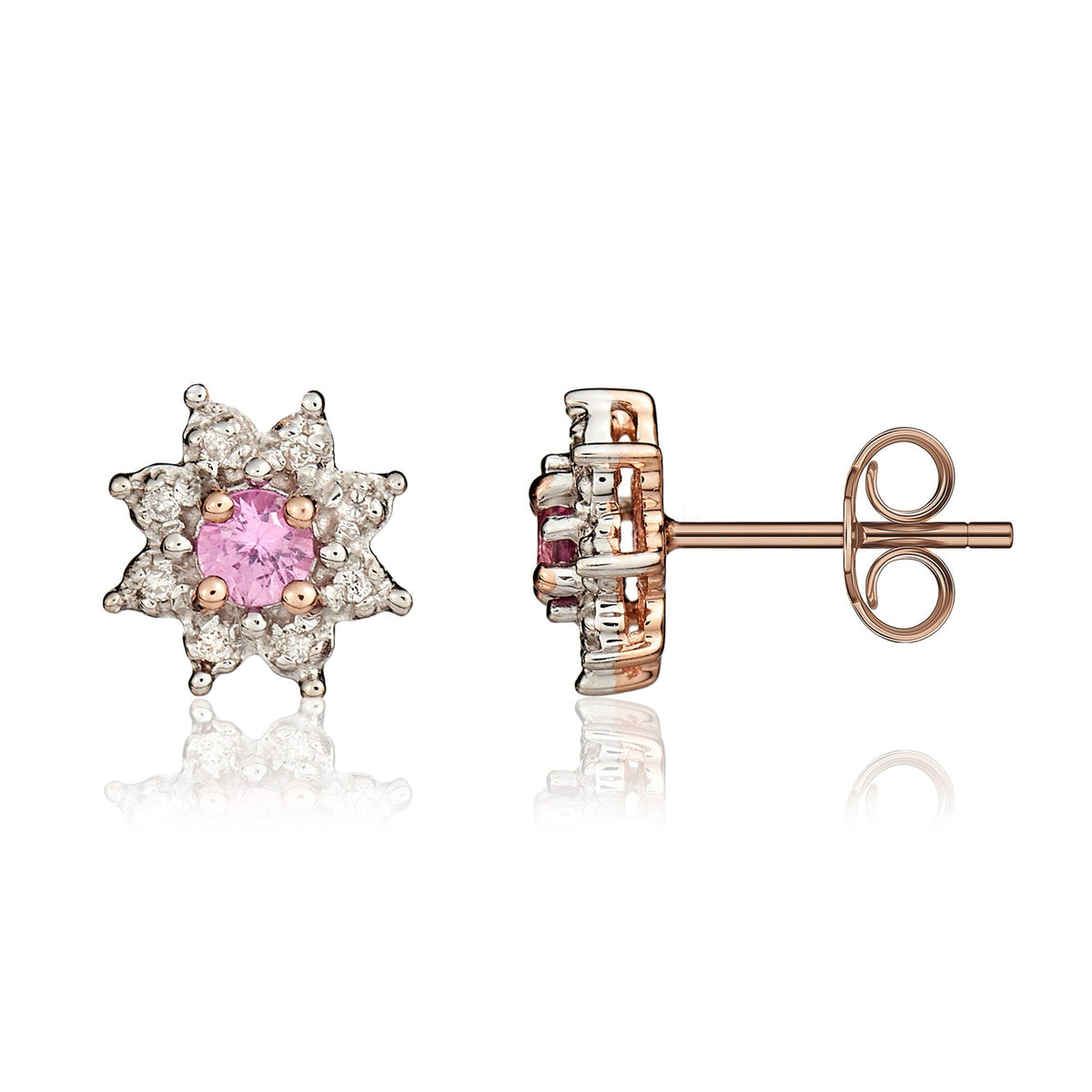 9ct Rose Gold Round Natural Pink Sapphire & Diamond Claw Set Cluster Stud Earrings — 3mm
