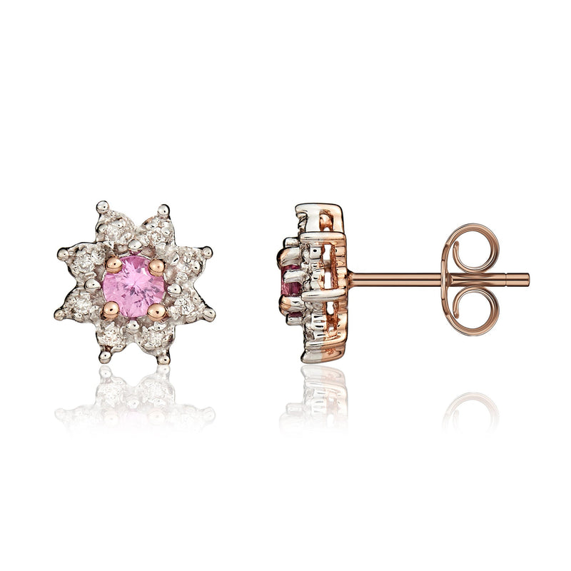 9ct Rose Gold Round Natural Pink Sapphire & Diamond Claw Set Cluster Stud Earrings — 3mm