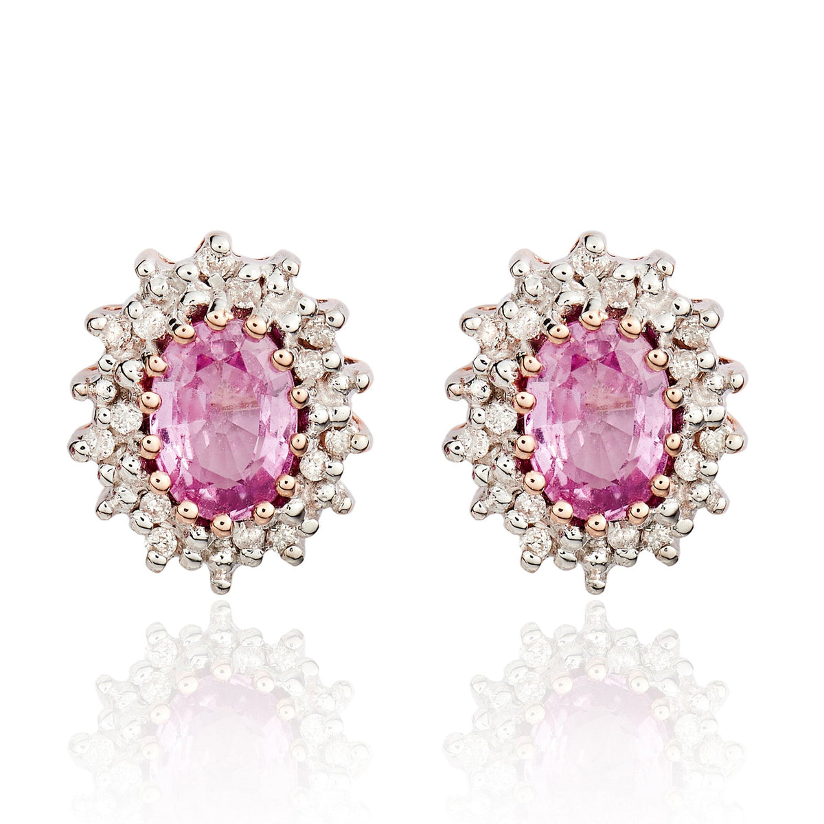 9ct Rose Gold Oval Natural Pink Sapphire & Diamond Claw Set Cluster Stud Earrings — 6x4mm