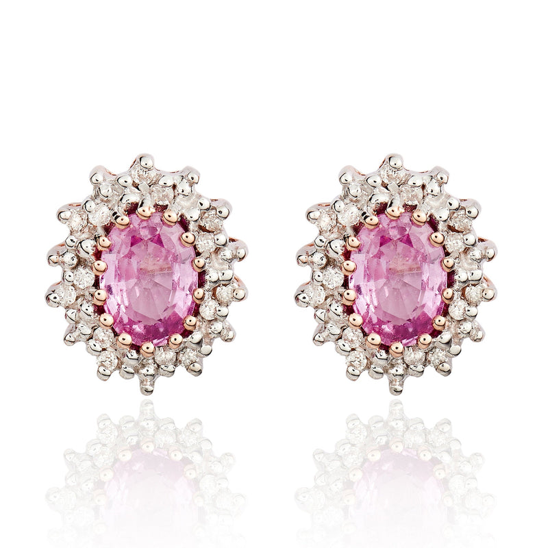 9ct Rose Gold Oval Natural Pink Sapphire & Diamond Claw Set Cluster Stud Earrings — 6x4mm