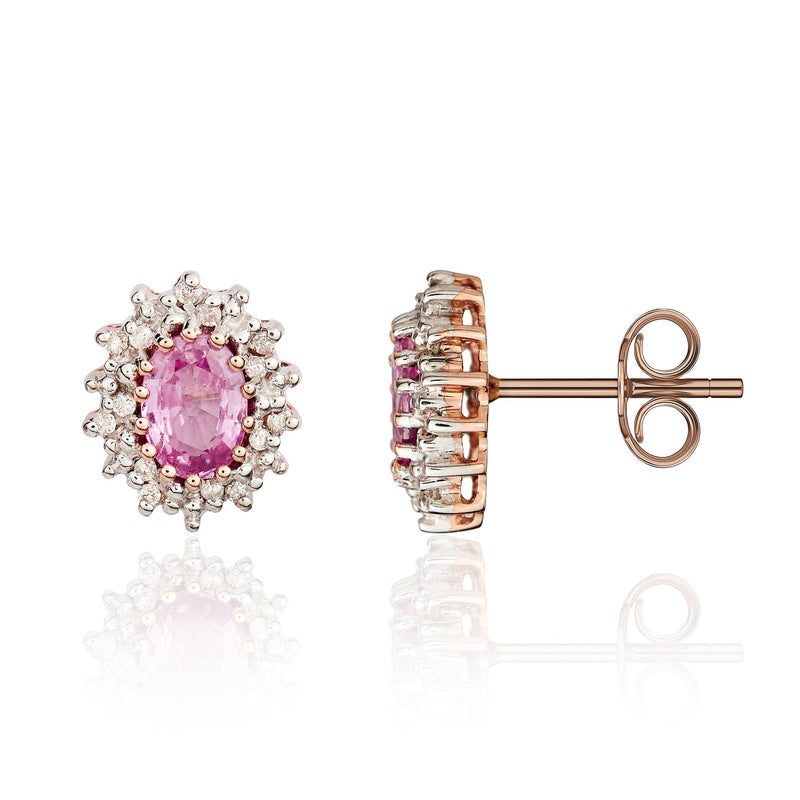 9ct Rose Gold Oval Natural Pink Sapphire & Diamond Claw Set Cluster Stud Earrings — 6x4mm