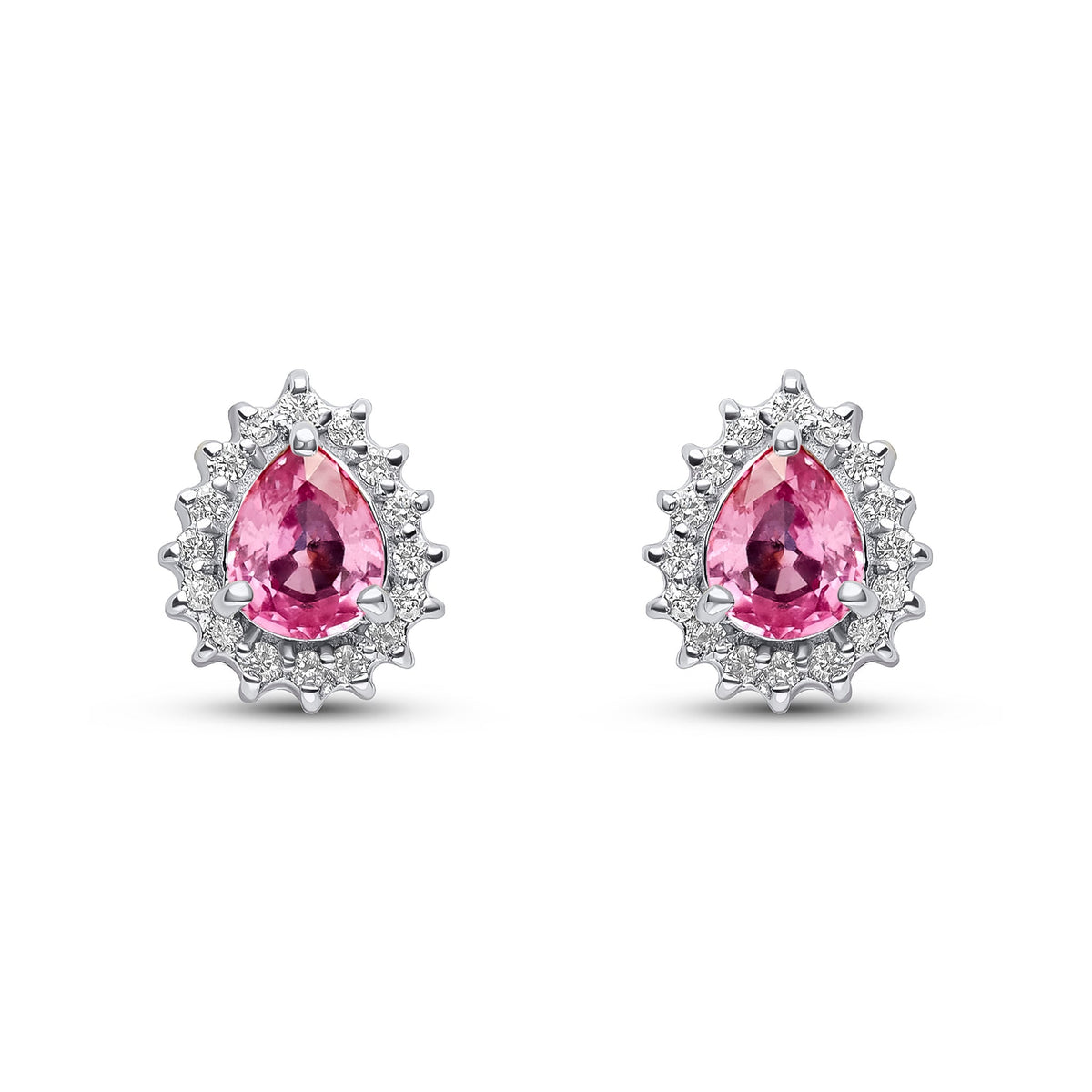 9ct White Gold Pear Shaped Natural Pink Sapphire & Diamond Claw Set Cluster Stud Earrings — 5x4mm