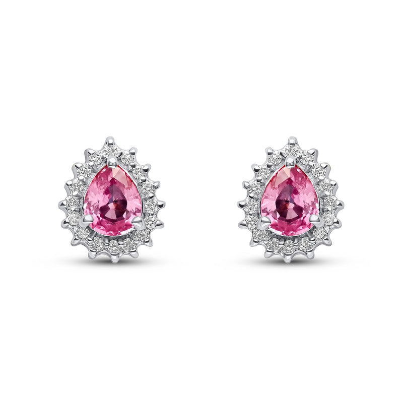 9ct White Gold Pear Shaped Natural Pink Sapphire & Diamond Claw Set Cluster Stud Earrings — 5x4mm
