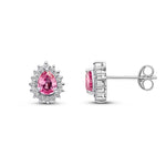 9ct White Gold Pear Shaped Natural Pink Sapphire & Diamond Claw Set Cluster Stud Earrings — 5x4mm