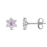 9ct White Gold Round Natural Pink Sapphire & Diamond Claw Set Cluster Stud Earrings