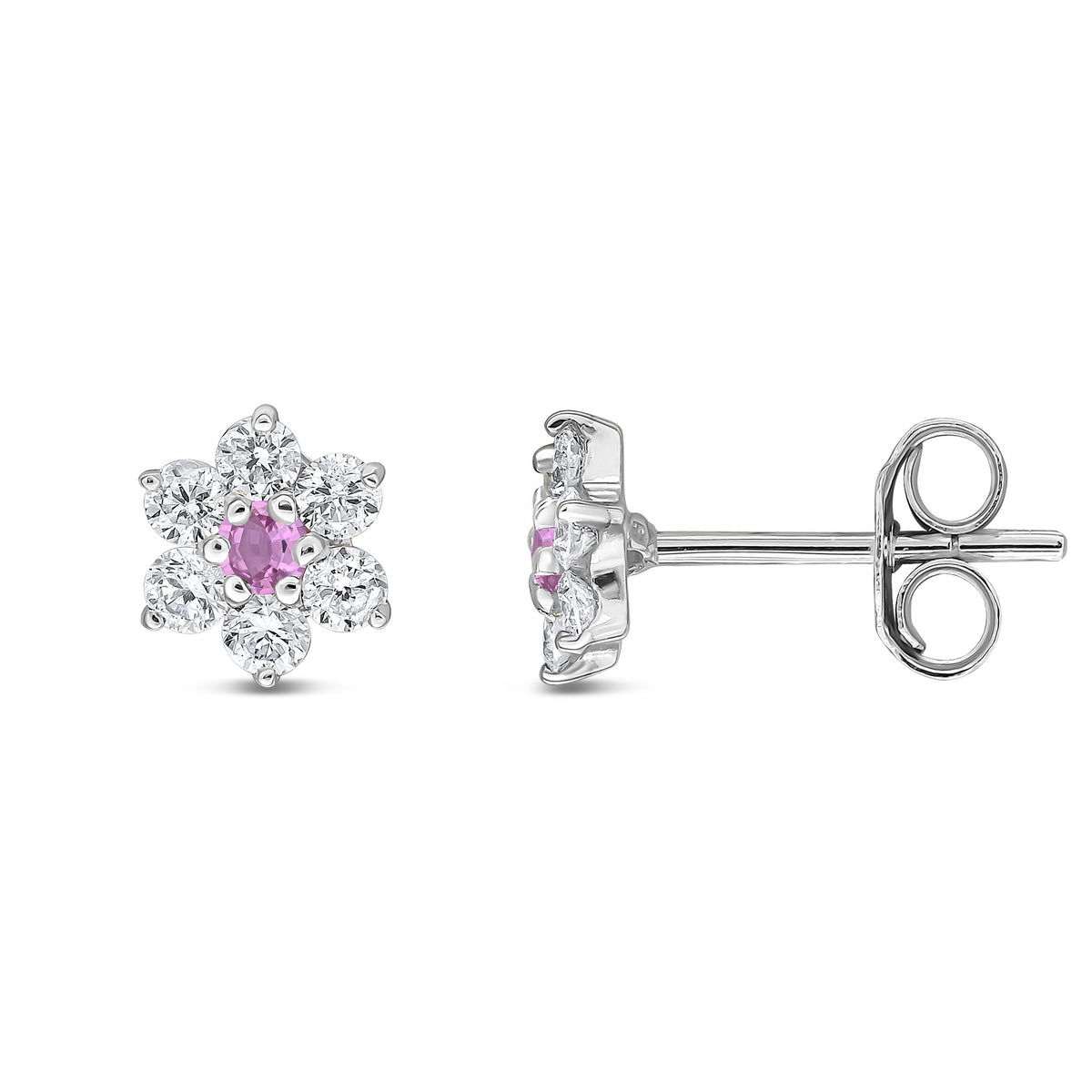 9ct White Gold Round Natural Pink Sapphire & Diamond Claw Set Cluster Stud Earrings