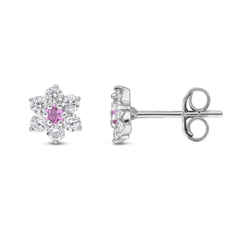 9ct White Gold Round Natural Pink Sapphire & Diamond Claw Set Cluster Stud Earrings