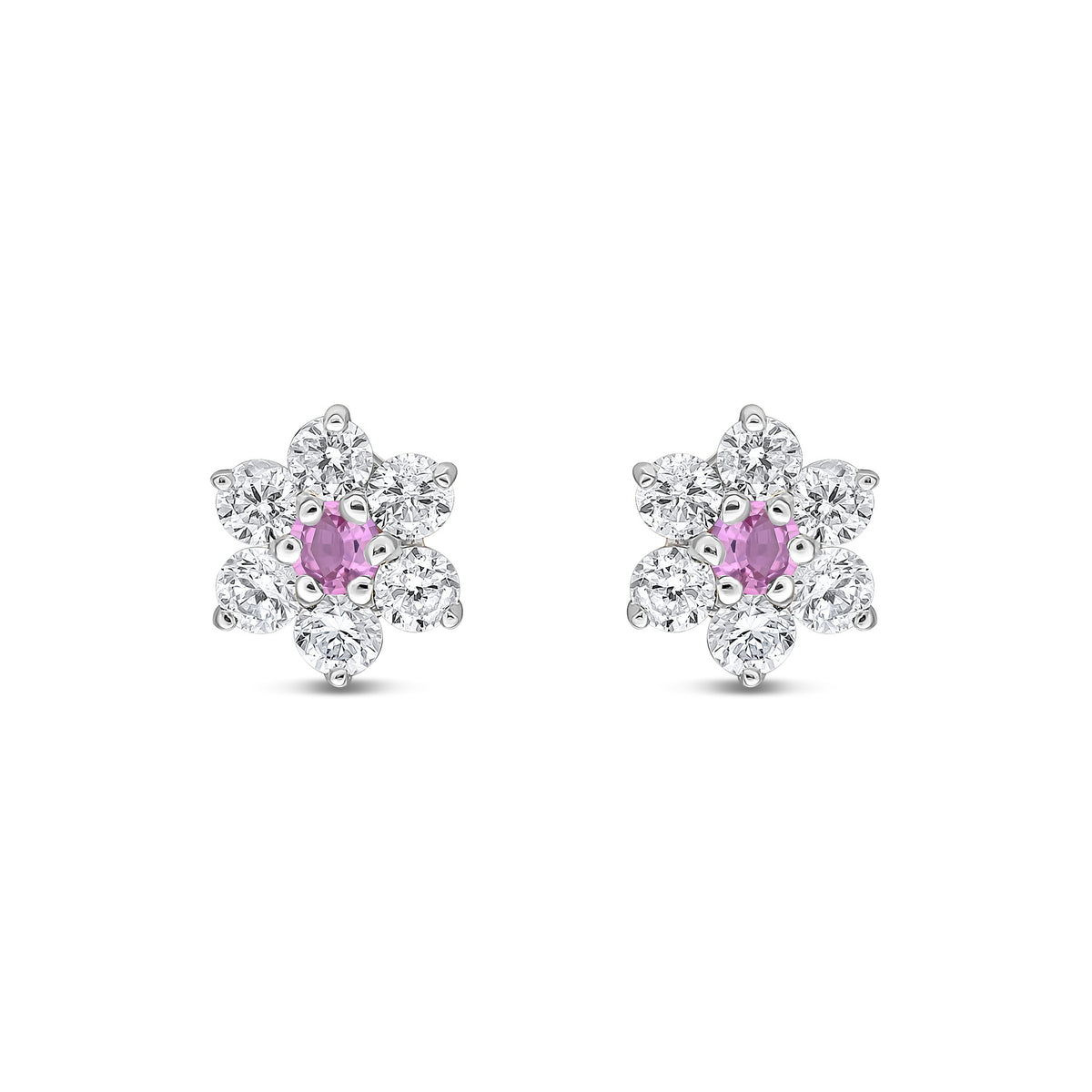 9ct White Gold Round Natural Pink Sapphire & Diamond Claw Set Cluster Stud Earrings