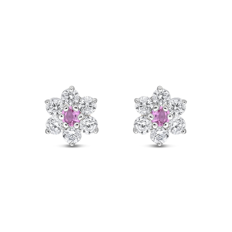9ct White Gold Round Natural Pink Sapphire & Diamond Claw Set Cluster Stud Earrings